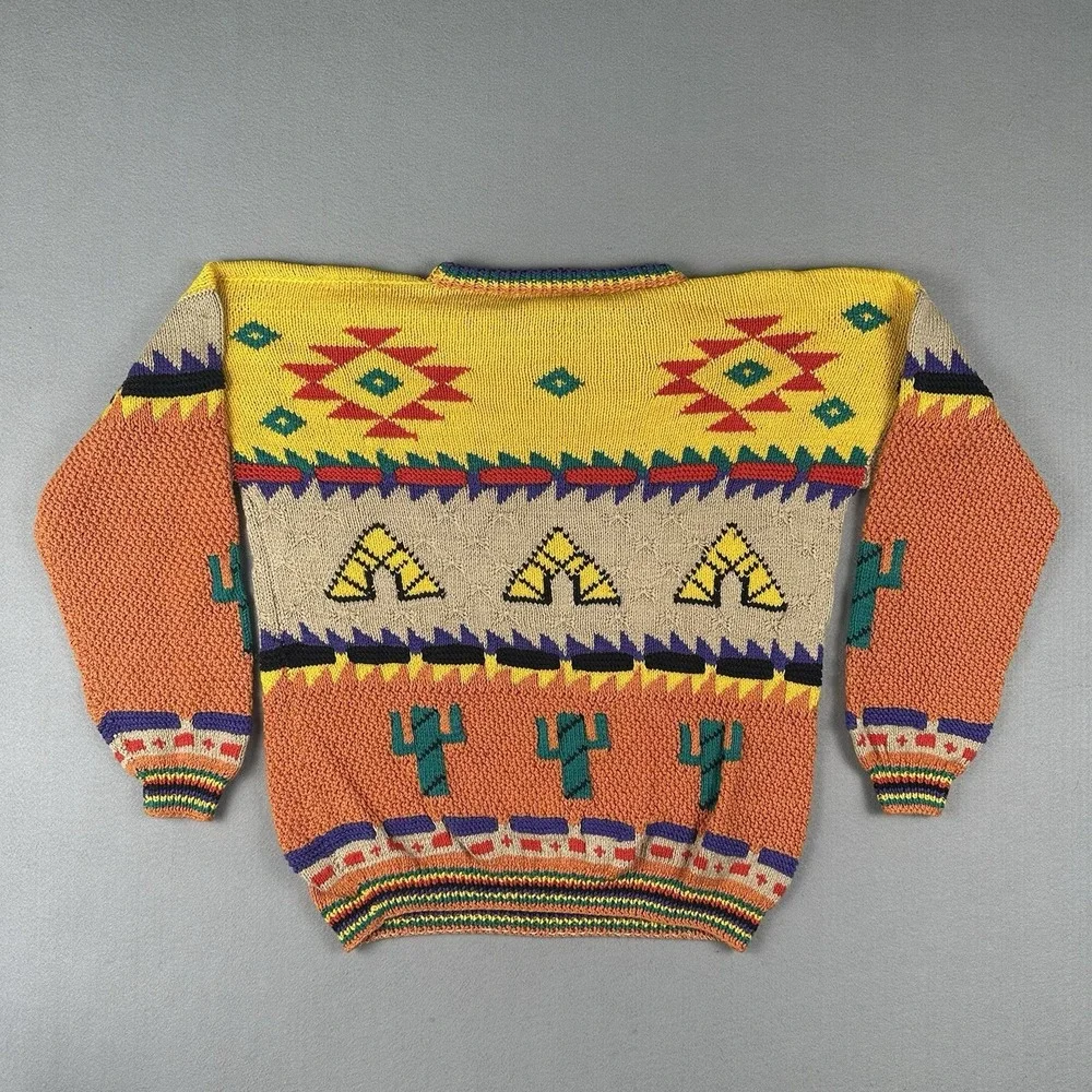 Vintage Alfonso Pozo Sweater Men's Large‎ Southwestern Cactus Teepee Novelty